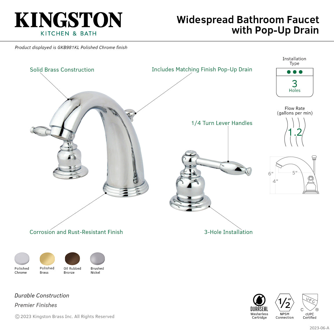 Kingston Heirloom GKB985KL - Knight Two-Handle 3-Hole Deck Mount Widespread Bathroom Faucet with Pop-Up Drain, Oil Rubbed Bronze — thumbnail 2